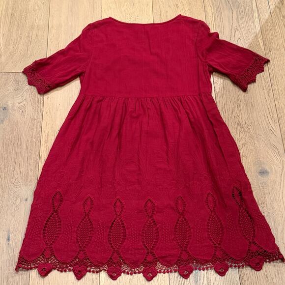Sundance Boho Embroidered Cotton Mini Dress Burgundy V-Neck Medium Cottage Folk - Picture 3 of 11